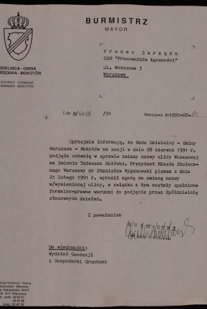 decyzja przywracająca pierwotną nazwę ulicy w 1991 r.